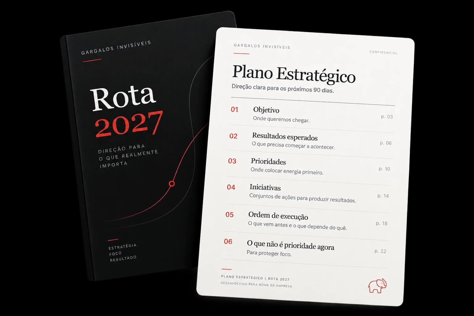 Documento final da Rota 2027: capa preta com o título Rota 2027 e, ao lado, a página de índice do Plano Estratégico — objetivo, resultados esperados, prioridades, iniciativas, ordem de execução e o que não é prioridade agora